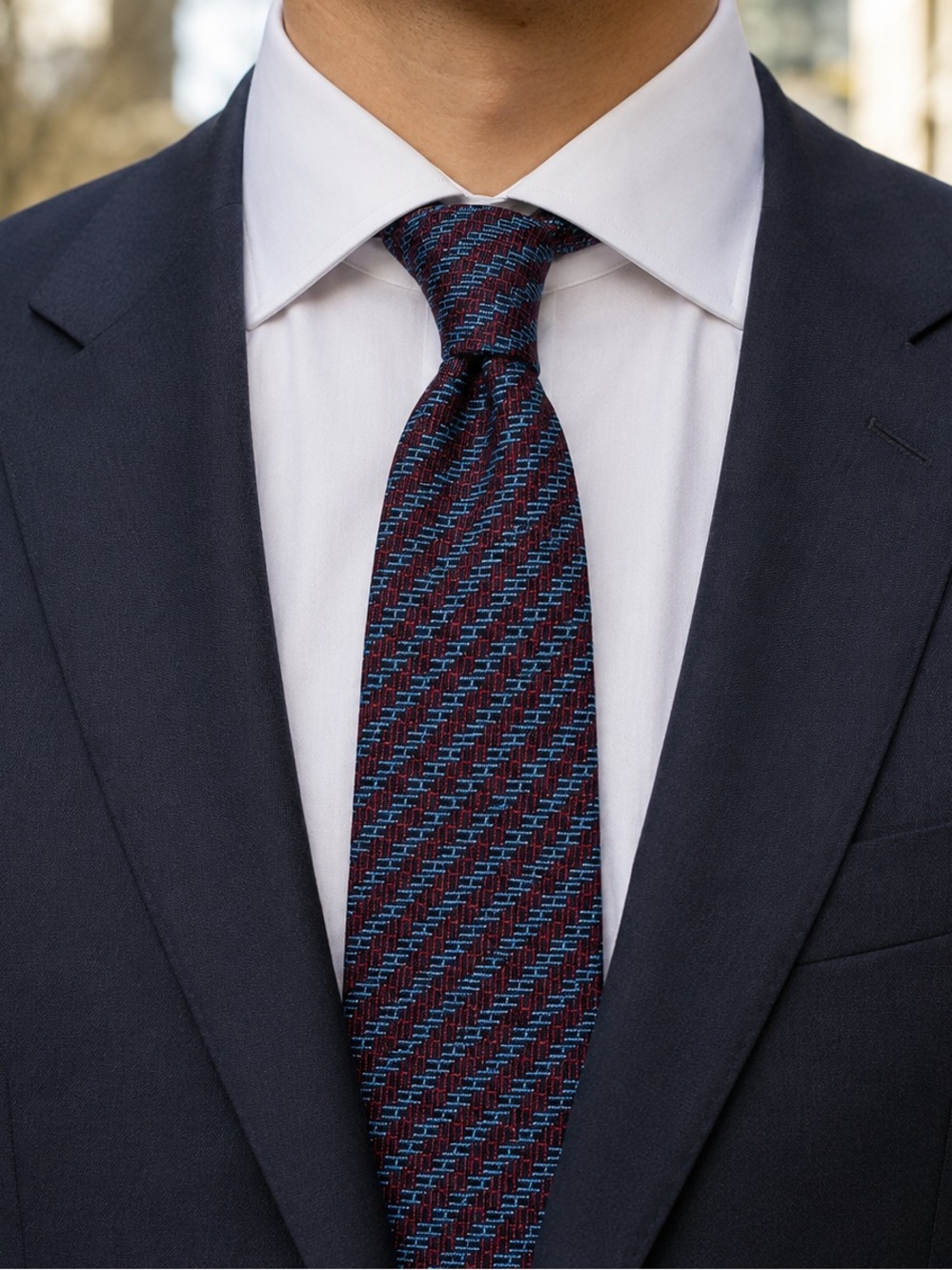Authentic Hermès Paris Micro "H" Jacquard Silk Tie – Blue & Burgundy
